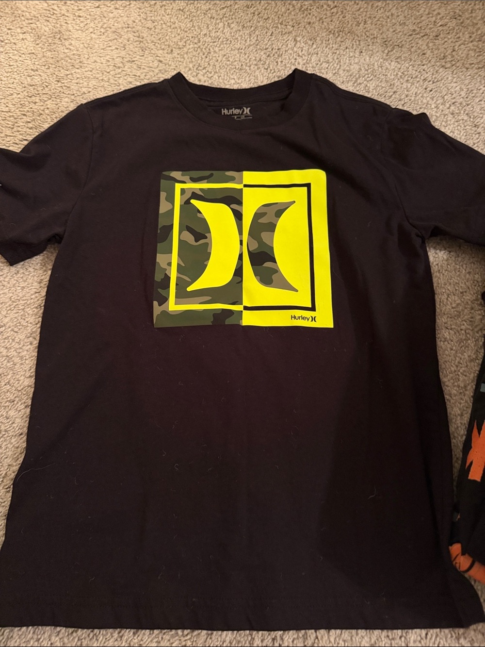 Hurley Black Tee with Camo and Neon Yellow Logo